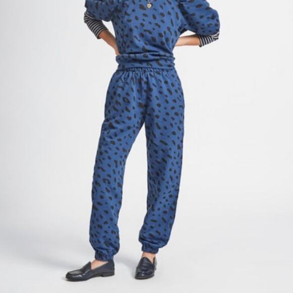 Clare V Leopard Faded Marine Print Pull On Elastic Waist Joggers Blue/Black L - Picture 1 of 11